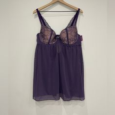 Purple Lace Sheer Babydoll Lingerie, Size 44dd. Nwt. C11 Lace Sleepwear With Built-in Underwire Bra, Purple Lace Sleepwear With Lace Trim, Purple Camisole For Daywear, Night Sleepwear With Lace Trim And Underwire, Underwire Sleepwear With Built-in Bra For Bedtime, Coquette Style Camisole For Night, Lace Underwire Sleepwear For Loungewear, Underwire Sleepwear With Built-in Bra, Lace Bodice Camisole For Loungewear