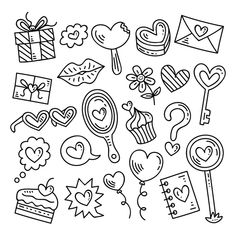 black and white drawing of various items for valentine's day on a white background