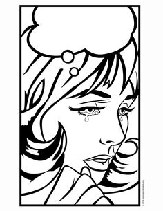 a black and white drawing of a woman's face with thought bubble above her head