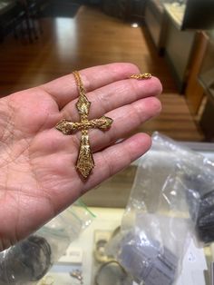 "Fabulous example of Black Hills tri colored gold jewelry! Produced in the Black Hills of South Dakota, this 10K/12K cross is typical of the Black Hills gold brand. Grape leaf motif and the three different hues of gold are distinctly the Black Hills design. A great gift idea! Mother's Day is coming up! This is a vintage pre owned cross, sold as is in like new condition. 18\" Black Hills gold 12K chain included. Free shipping in the USA!" Gold Pendant Cross Necklace With Diamond Cut, Gold Diamond Cut Cross Pendant Necklace, 14k Gold Diamond Cut Cross Necklace, Yellow Gold Diamond Cut Crucifix Necklace, Gold Diamond Cut Cross Necklace, Yellow Gold Crucifix Cross Necklace, Gold Plated, Yellow Gold Plated Crucifix Cross Necklace, Gold-plated Yellow Gold Crucifix Necklace, Gold Plated Yellow Gold Crucifix Necklace