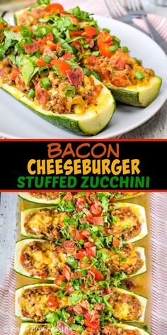 stuffed zucchini boats with bacon, cheese and lettuce in them on a white plate