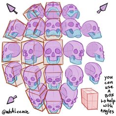 a bunch of purple skulls with different shapes and sizes on the top one is drawn in pencil