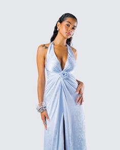 The perfect look for a little midnight magic 🪄 Constructed from floral jacquard fabric, this baby blue rosette maxi dress is complete with a halter tie and a deep v-neck for a classy and pristine look 💙 Black Off Shoulder, Graphic Top, White Jersey, Jacquard Fabric, Pocket Pants, White Mini Dress, Baby Blue, Best Sellers, Off Shoulder