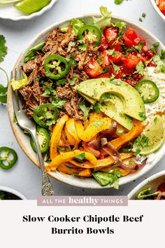 a bowl filled with meat and vegetables next to bowls of rice, peppers, avocado