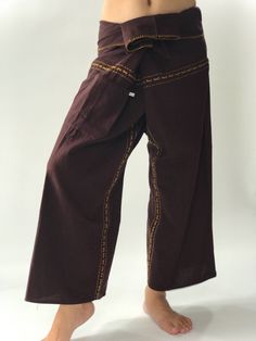 "Unisex Thai fisherman pants. One size fits all. You can wear in many occasions, casual wear, yoga wear, maternity wear, relax at home, travel etc. If you are looking for some pants that you can wear everywhere, comfortable, relax and Easy to wear. Thai fisherman pants is Answer!! Nice gift for yourself or your lover One pocket on the side for storing your items such as wallets, mobile phones, etc Approx. Measurements: One size can fits most and 1 Pockets Measurement Waist 27\" (69 cms) Length 4 High-waist Cotton Harem Pants In Brown, High Waist Brown Cotton Harem Pants, Cotton Yoga Pants For Meditation, Full Length Cotton Yoga Pants With Pockets, High Waist Harem Pants With Pockets For Yoga, High Waist Harem Yoga Pants With Pockets, Brown Full-length Yoga Bottoms, Brown Full Length Yoga Pants, Traditional Cotton Bottoms For Meditation