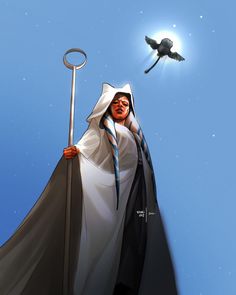 a man in white robe holding a staff under a blue sky with a bird flying overhead