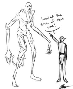 an alien and a man are standing next to each other, one is pointing at the other