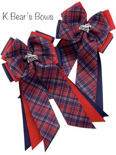 two red, blue and white plaid bows with the words keear's bows on them