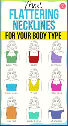 Most Flattering Necklines For Your Body Type: It could even be something as minor as changing the neckline of your outfits. We bet you want to find an outfit that flatters your frame in every aspect, right? Well, we’ve got a list of eleven different necklines and the different body types they flatter. Read on to find out what would work best for your frame. Neckline For Body Type, What Neckline Looks Best On Me, Different Type Of Aesthetic Outfits, Neck Lines For Broad Shoulders, Necklines For Flat Chest, Types Of Shoulders Body Shapes, Neckline For Flat Chested, Flattering Necklines For Broad Shoulders, Best Necklines For Broad Shoulders