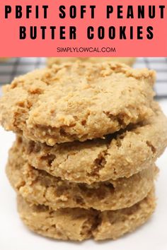 three peanut butter cookies stacked on top of each other with the words pbfit