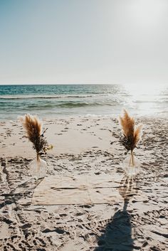 two vases filled with dried flowers sitting on top of a sandy beach next to the ocean