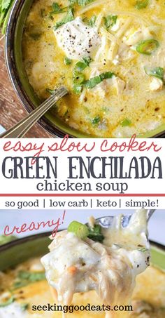 green enchilada soup in a bowl with broccoli and cheese