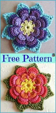 crocheted flower appliques are shown in three different colors