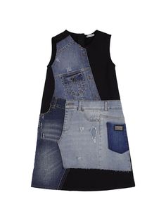 Concealed back zip closure. Patchwork construction. All over pattern placement may vary. Pocket details Jersey Patchwork, Knitwear Outfit, All Over Pattern, Patchwork Dress, Denim Cotton, Stella Mccartney Kids, Swimwear Cover, Shearling Jacket, Lace Boots