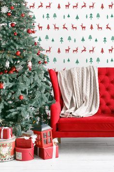 Run, Run Reindeer Wallpaper in Red and Green by NextWall Ikea Units, Temporary Decorating, Wallpaper Rolls, Holiday Paper, Burke Decor, Festival Lights, Christmas Wallpaper, Abstract Wallpaper, Self Adhesive Wallpaper