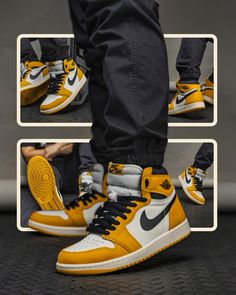 #kicksoftheday #jordan #jordan1 #onfeet Darwin Outfits, Ochre Outfit, Air Jordan 1 Yellow, Jordan 1 Yellow, Yellow Sneakers, Jordan 1 High Og, Yellow Outfit, Yellow Ochre, Air Jordan 1 High