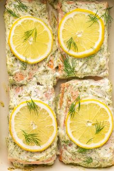 four slices of salmon with lemons and dill garnish in a baking dish