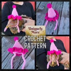 the crochet hat is made to look like an animal with a pink bow