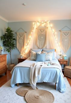 Light Blue Boho Bedroom Boho Bedroom Light Blue Walls, Light Blue Wall Room Ideas Bedrooms, Bedroom Ideas For Teen Girls Blue, Bedroom Decor Diy On A Budget, Light Blue Boho Bedroom, Blue Boho Bedroom Ideas, Blue Boho Bedroom, Blue Teen Girl Bedroom