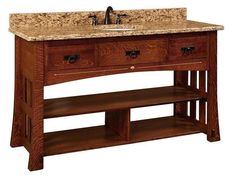 a bathroom vanity with two drawers and a marble top on an oak wood frame stand