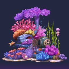 an underwater scene with colorful corals and other marine life