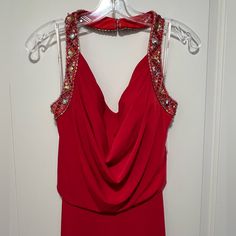 Nwot Never Worn Lightly Padded Bodice Halter Top And Open Back With Jewel And Bead Detail Size 6 Length: 45” Bust: 15” Waist: 13” Measurements Are Approximate Red Carpet Embellished Floor-length Gown, Floor-length Embellished Gown For Red Carpet, Red Embellished Sleeveless Gown, Red Beaded Wedding Dress, Formal Beaded Sleeveless Gown, Formal Sleeveless Beaded Gown, Holiday Sleeveless Embellished Gown, Holiday Embellished Sleeveless Gown, Red Bead