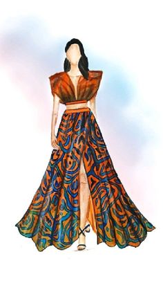 a drawing of a woman's dress with an orange and blue design on it