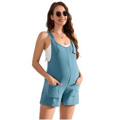 The maternity shorts overall features sleeveless, adjustable straps with button, side pockets, solid color, loose fit, casual style. Solid Overalls With Pockets For Vacation, Summer Overalls With Pockets, Sleeveless Summer Shortalls With Pockets, Summer Shortalls With Adjustable Straps, Summer Overalls With Pockets For Beach, Summer Overalls With Pockets For Vacation, Sleeveless Blue Shortalls For Summer, Blue Sleeveless Shortalls For Summer, Summer Bib Front Shortalls With Pockets