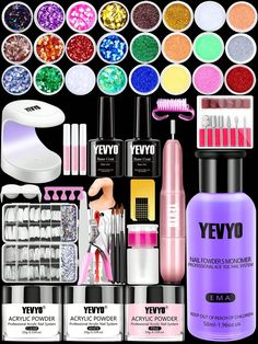 Nail Kit Set Professional Acrylic :  YEVYO acrylic nail kit for beginners with everything, comes with acrylic powder(15g), acrylic liquid monomer(1.96OZ), nail drill, mini uv nail light, 24 colors of glitter powder and sequins, colored nail rhinestones, 200pcs various size nail tips, acrylic nail brush and other nail tools. You can choose different colors, patterns and designs according to the occasion to better meet your needs for designing personalized nail art.
Acrylic Powder and Liquid Set : Nail Stuff Products, Monomer Liquid, Glitter Acrylic Powder, Acrylic Nail Supplies, Nails Kit, Acrylic Nail Brush, Acrylic Nail Powder, Nail Rhinestones, Acrylic Nail Set