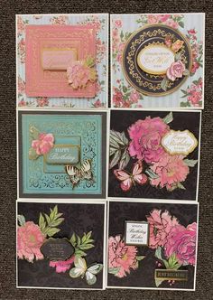 four different cards with flowers on them, one is pink and the other is blue