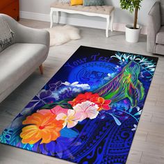 a living room area rug with flowers on it