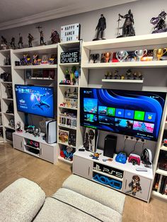 a living room filled with lots of toys and games on top of bookshelves