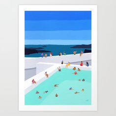 a painting of people swimming in a pool by the ocean with blue sky and water