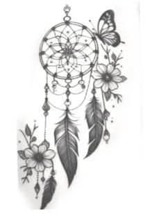 a drawing of a dream catcher with flowers and butterflies