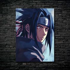 an anime character with black hair and blue eyes is in front of a brick wall