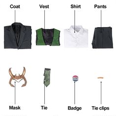 the different types of clothing and ties are labeled in this diagram, including vests, shirt, tie clip, pocket square, necktie clip