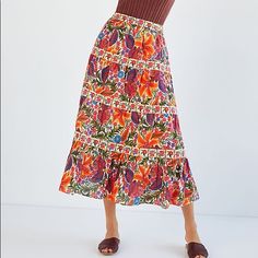 Brand New Wiht Tag Farm Rio Tiered Maxi Skirt Size S Colors Multi Color Floral Print, Orange Red Purple, White Etc Floral Print (2 Different Prints- Large Floral And Boarder Patterns) Tiered Skirt Cotton Lined Side Zip Closure Patterned Skirt For Vacation In Spring, Patterned Skirt For Spring Vacation, Spring Beach Skirt With Multicolor Print, Spring Beach Skirt In Multicolor Print, Multicolor Print Beach Skirt For Spring, Vacation Cotton Printed Skirt, Printed Cotton Skirt For Vacation, Bohemian Multicolor Print Skirt For Spring, Bohemian Purple Floral Print Skirt