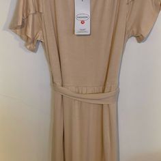 This Is A Fashion Brand, Nwt Tan Dress Beige Stretch Dress For Day Out, Beige Stretch Maxi Dress For Spring, Spring Beige Stretch Maxi Dress, Beige Tie Waist Dress For Day Out, Casual Stretch Beige Midi Dress, Spring Stretch Dress With Tie Waist, Spring Dresses With Tie Waist And Stretch Fit, Chic Beige Flutter Sleeve Dress, Casual Beige Midi Dress With Tie Waist