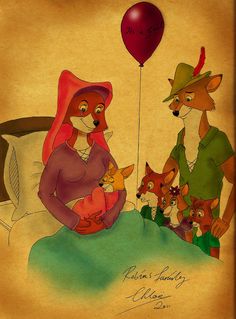 an image of a woman and two foxes on the bed with a balloon in the air