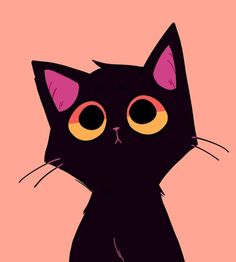 a black cat with yellow eyes on a pink background