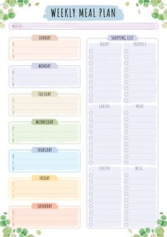 the printable meal planner is shown with green leaves