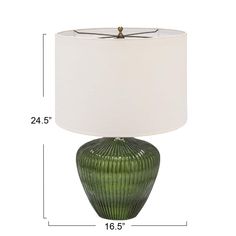 a green table lamp with a white shade on it's base and measurements for the lamps