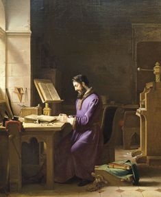 a painting of a man sitting at a desk in front of an easel and writing