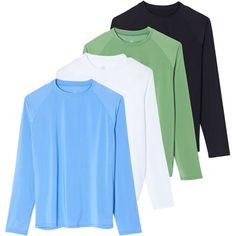 three long sleeved shirts in various colors