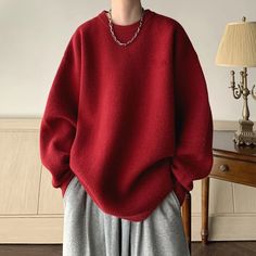 47448632361248|47448632394016|47448632426784|47448632492320 Oversized Solid Color Sweater For Streetwear, Baggy Knitted Sweaters Men, Comfy Thick Sweater Men, Men’s Oversized Sweater, Y2k Street Style, Mens Pullover Sweater Red, Hong Kong Style, Blue Striped Shirt, Jumper Outfit