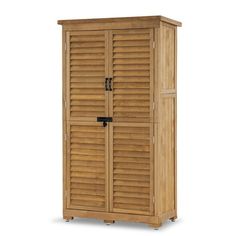 a tall wooden cabinet with shutters on the front and bottom doors, made out of wood