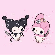 two cute little cartoon characters on pink background