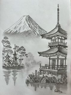 an ink drawing of a pagoda in front of a mountain