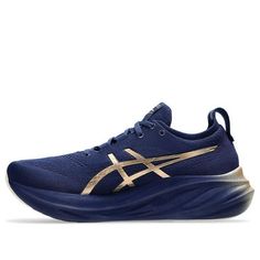 ASICS Gel-Nimbus 26 Sneakers 'Navy Silver Gold' 1011B946-400 Navy Low-top Running Shoes With Rubber Sole, Navy Sneakers With Boost Midsole For Light Sports, Navy Low-top Running Shoes With Boost Midsole, Navy Running Shoes With Rubber Sole And Lace-up, Navy Running Shoes With Lace-up Rubber Sole, Navy Sneakers With Rubber Sole For Jogging, Navy Low-top Running Sneakers, Sporty Navy Running Shoes With Air Cushioning, Navy Sporty Running Shoes With Air Cushioning