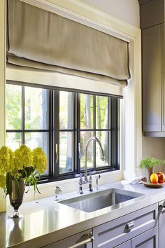 Modern gray valance over kitchen sink. Kitchen Sink Valance Ideas, Kitchen Sink Valance, Modern Farmhouse Kitchen Window Valance, Kitchen Valance Ideas Over Sink, Modern Kitchen Valance, Modern Valance Ideas, Kitchen Valance Ideas, Kitchen Sink Window Treatments Blinds.com, Modern Valances